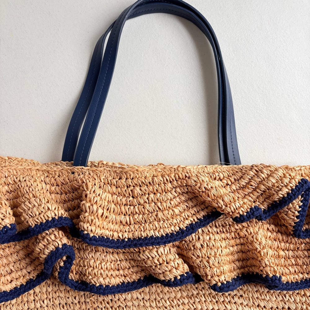 Mark & Graham Tan and Blue Raffia Ruffle Tote Bag NWOT Beach Pool Bag - Picture 4 of 13